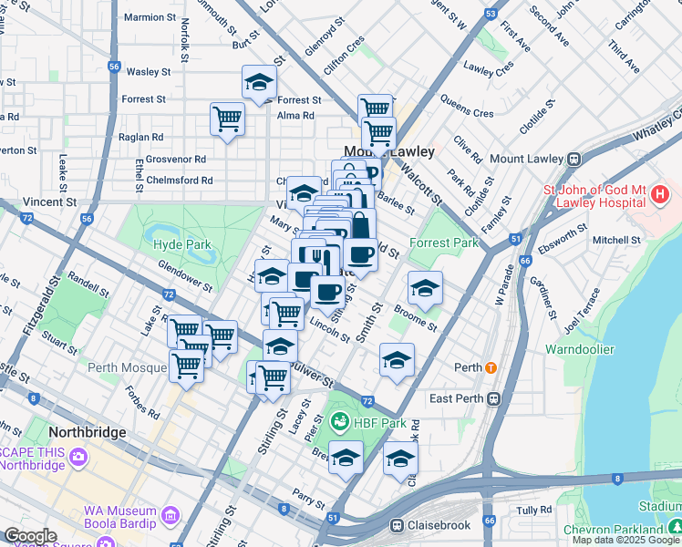 map of restaurants, bars, coffee shops, grocery stores, and more near 112 Broome Street in Highgate