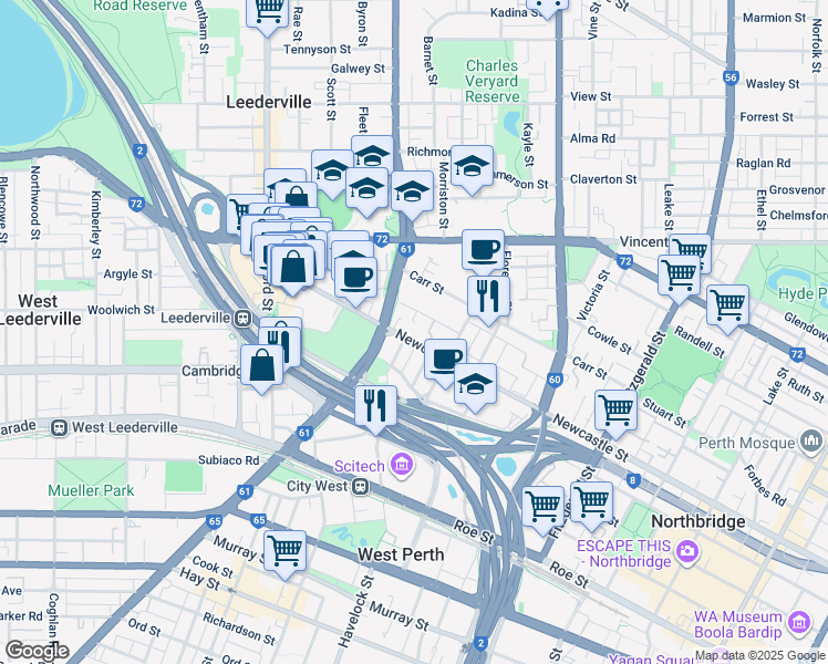 map of restaurants, bars, coffee shops, grocery stores, and more near 580 Newcastle Street in West Perth
