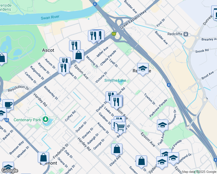 map of restaurants, bars, coffee shops, grocery stores, and more near 12 Smiths Avenue in Redcliffe