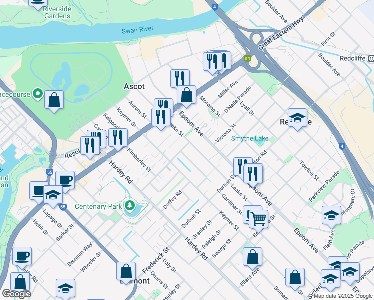 map of restaurants, bars, coffee shops, grocery stores, and more near 44 Wallace Street in Belmont