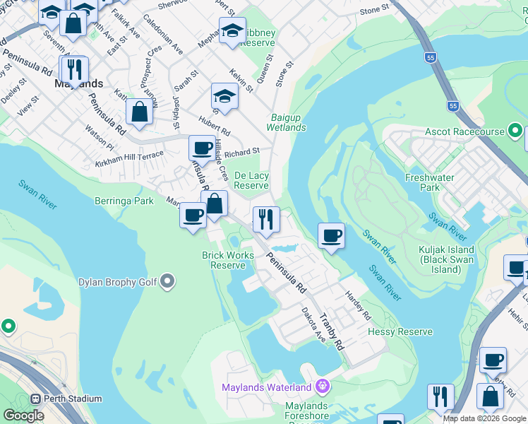 map of restaurants, bars, coffee shops, grocery stores, and more near 11 Wall Street in Maylands