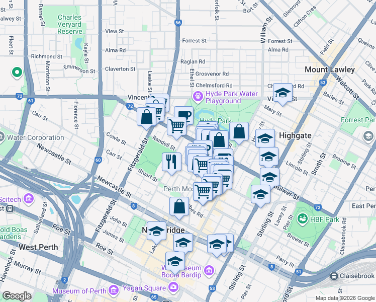 map of restaurants, bars, coffee shops, grocery stores, and more near 21 Dangan Street in Perth