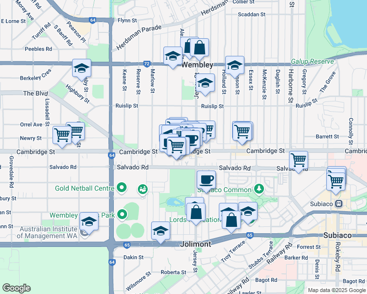 map of restaurants, bars, coffee shops, grocery stores, and more near 338 Cambridge Street in Wembley