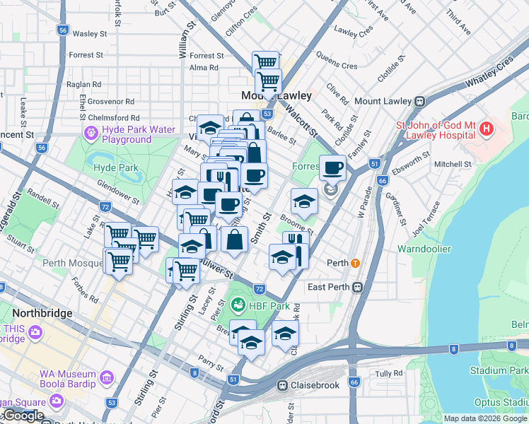 map of restaurants, bars, coffee shops, grocery stores, and more near 69 Smith Street in Highgate