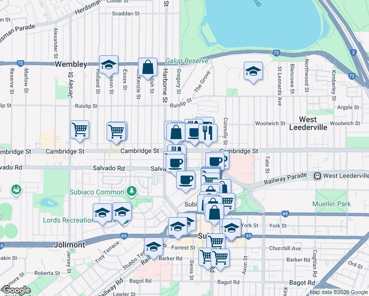 map of restaurants, bars, coffee shops, grocery stores, and more near 216 Cambridge Street in Wembley