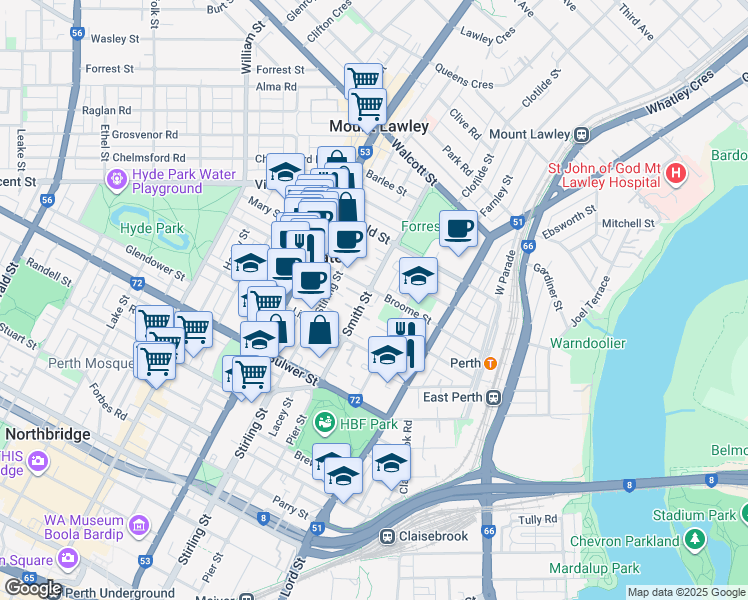 map of restaurants, bars, coffee shops, grocery stores, and more near 60 Smith Street in Highgate