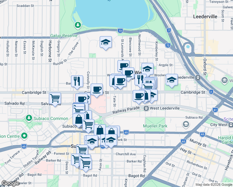 map of restaurants, bars, coffee shops, grocery stores, and more near 157 Cambridge Street in West Leederville