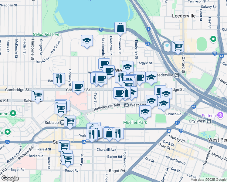 map of restaurants, bars, coffee shops, grocery stores, and more near 145 Cambridge Street in West Leederville
