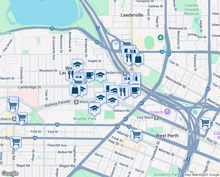 map of restaurants, bars, coffee shops, grocery stores, and more near 18 Abbotsford Street in West Leederville