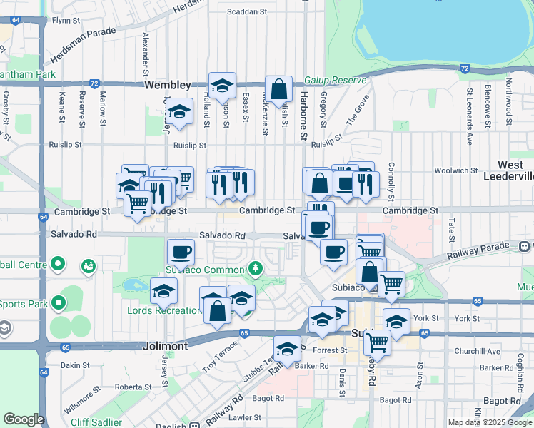 map of restaurants, bars, coffee shops, grocery stores, and more near 267 Cambridge Street in Wembley