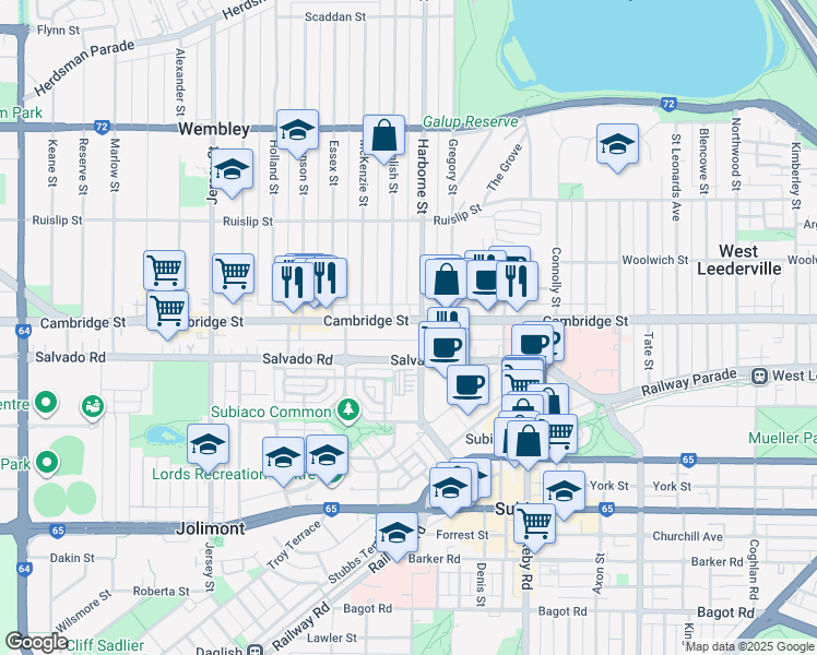 map of restaurants, bars, coffee shops, grocery stores, and more near 245 Cambridge Street in Wembley