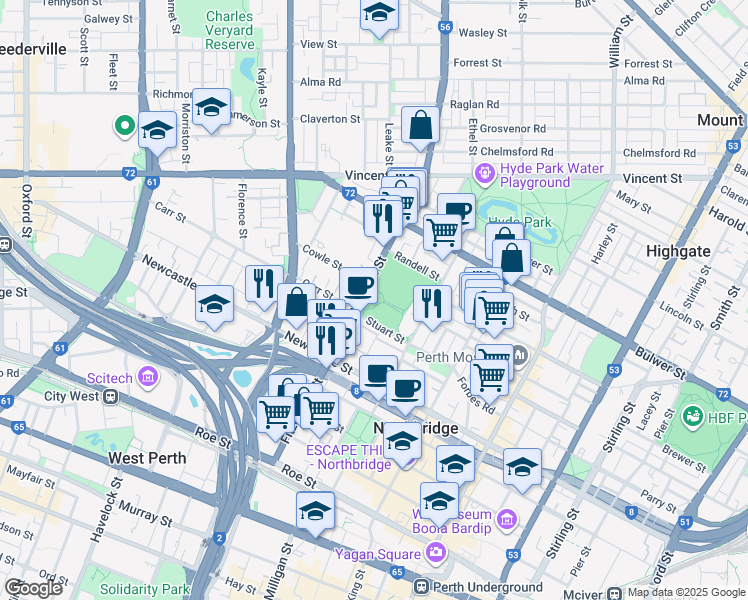 map of restaurants, bars, coffee shops, grocery stores, and more near 176 Fitzgerald Street in Perth