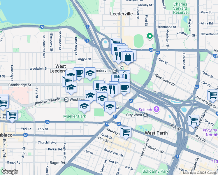 map of restaurants, bars, coffee shops, grocery stores, and more near 29 Cambridge Street in West Leederville