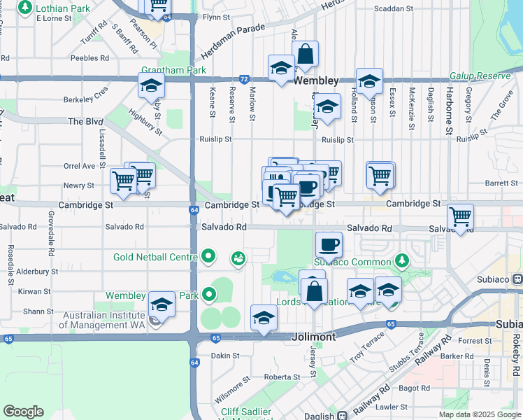 map of restaurants, bars, coffee shops, grocery stores, and more near 373 Cambridge Street in Wembley
