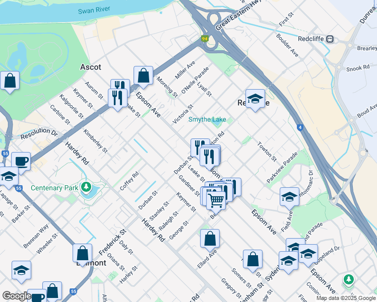 map of restaurants, bars, coffee shops, grocery stores, and more near 122 Epsom Avenue in Belmont