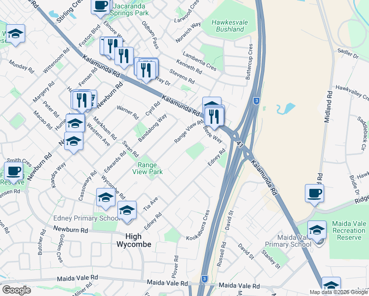map of restaurants, bars, coffee shops, grocery stores, and more near 30 Albemarle Way in High Wycombe