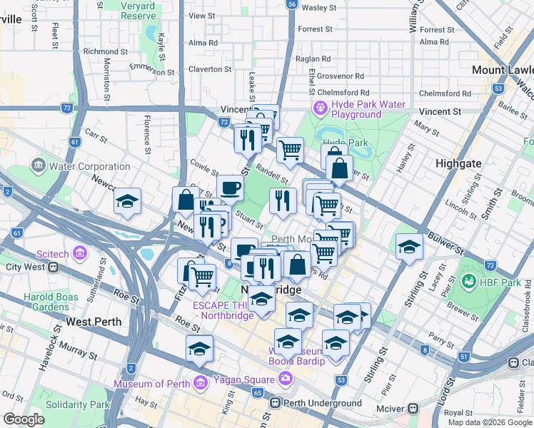 map of restaurants, bars, coffee shops, grocery stores, and more near 99 Palmerston Street in Perth