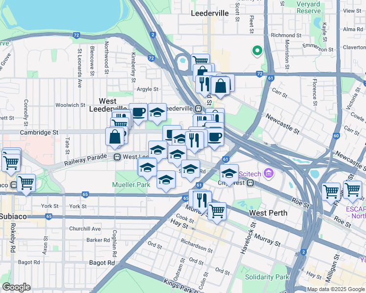 map of restaurants, bars, coffee shops, grocery stores, and more near 168 Railway Parade in West Leederville