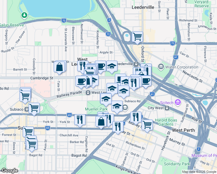 map of restaurants, bars, coffee shops, grocery stores, and more near 200 Railway Parade in West Leederville