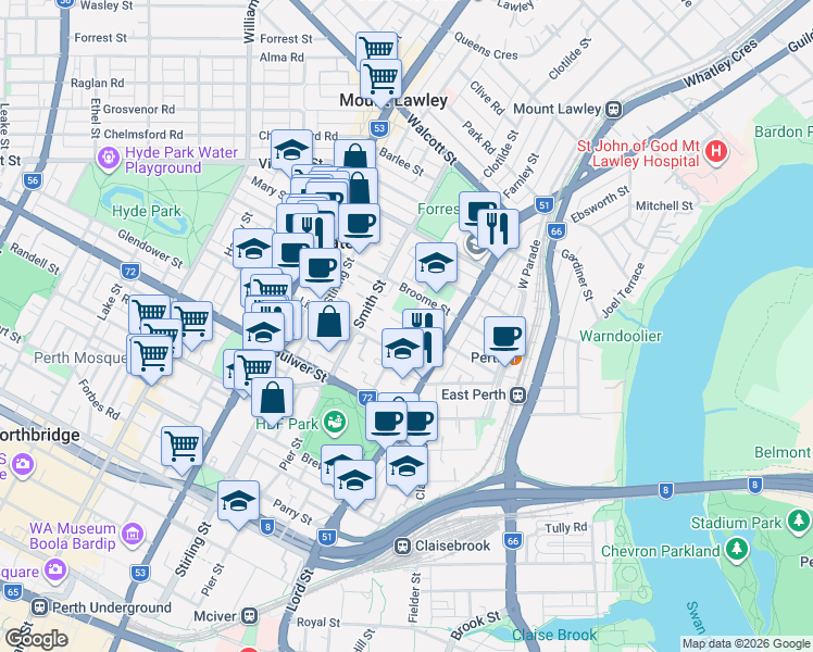 map of restaurants, bars, coffee shops, grocery stores, and more near Wright Street in City of Vincent