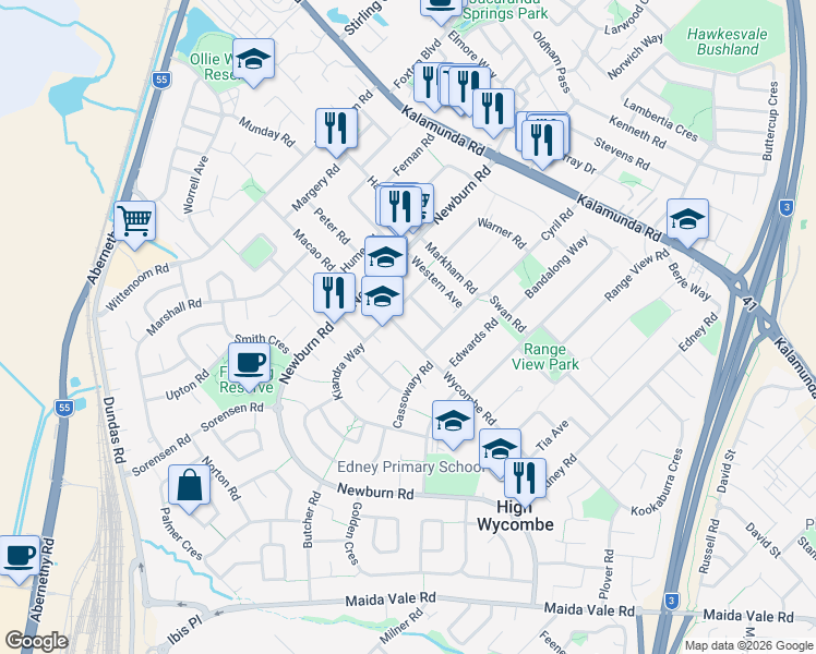 map of restaurants, bars, coffee shops, grocery stores, and more near 5 Wycombe Road in High Wycombe