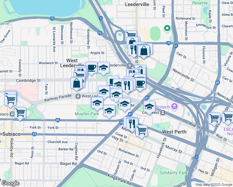 map of restaurants, bars, coffee shops, grocery stores, and more near 172 Railway Parade in West Leederville