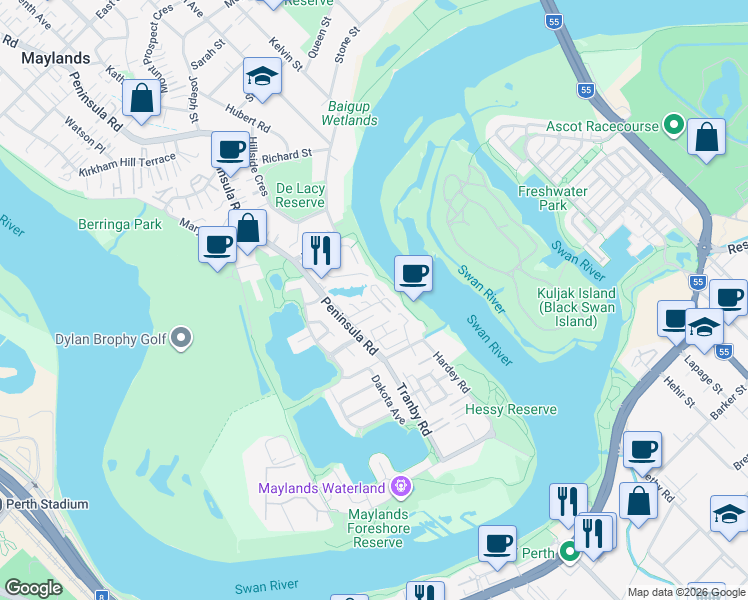 map of restaurants, bars, coffee shops, grocery stores, and more near 3 Heritage Cove in Maylands