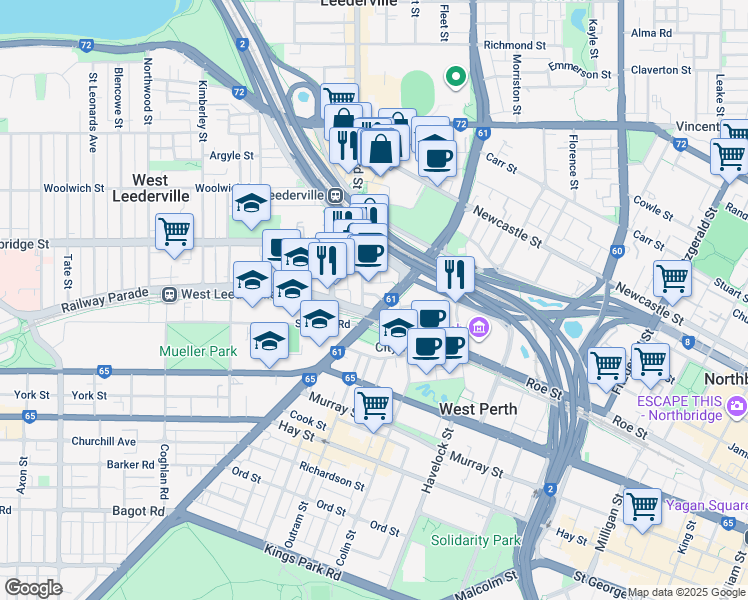 map of restaurants, bars, coffee shops, grocery stores, and more near 3 Loftus Street in West Leederville