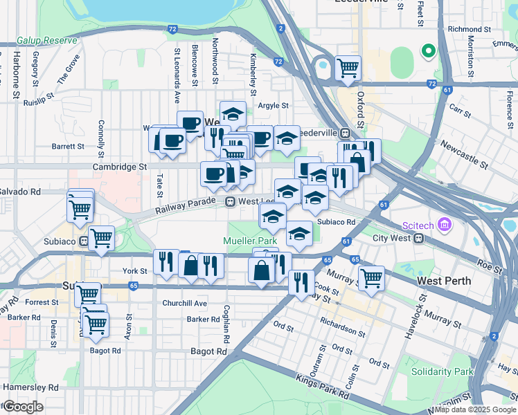 map of restaurants, bars, coffee shops, grocery stores, and more near 2 White Place in Subiaco