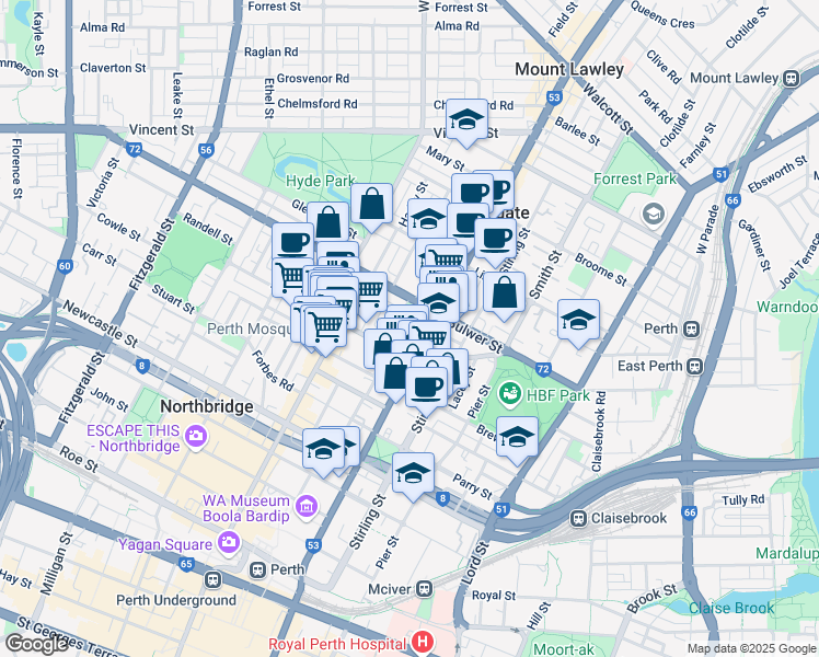 map of restaurants, bars, coffee shops, grocery stores, and more near 19 Baker Avenue in Perth