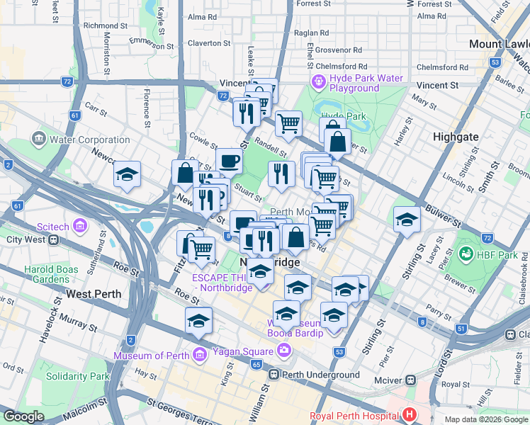 map of restaurants, bars, coffee shops, grocery stores, and more near 58 Palmerston Street in Perth