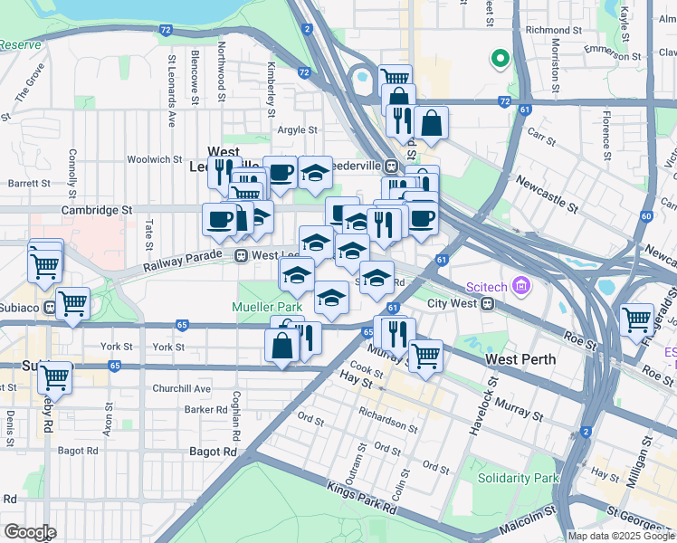 map of restaurants, bars, coffee shops, grocery stores, and more near 62 Subiaco Road in Subiaco