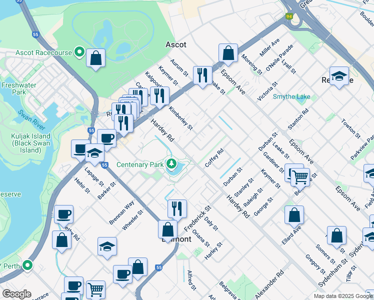 map of restaurants, bars, coffee shops, grocery stores, and more near 2 Wallace Street in Belmont