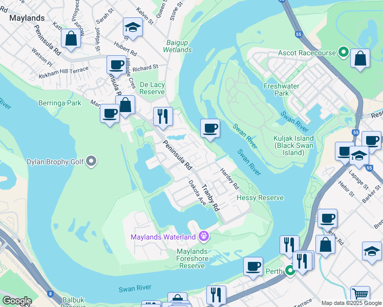 map of restaurants, bars, coffee shops, grocery stores, and more near 30 Peninsula Road in Maylands