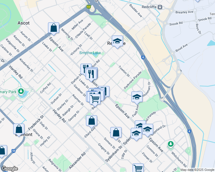 map of restaurants, bars, coffee shops, grocery stores, and more near 8 Johnson Street in Redcliffe
