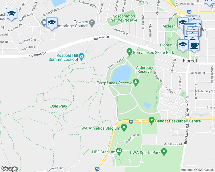 map of restaurants, bars, coffee shops, grocery stores, and more near Perry Lakes Drive in City Beach