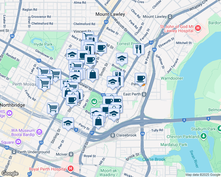 map of restaurants, bars, coffee shops, grocery stores, and more near 12 Wright Street in Perth