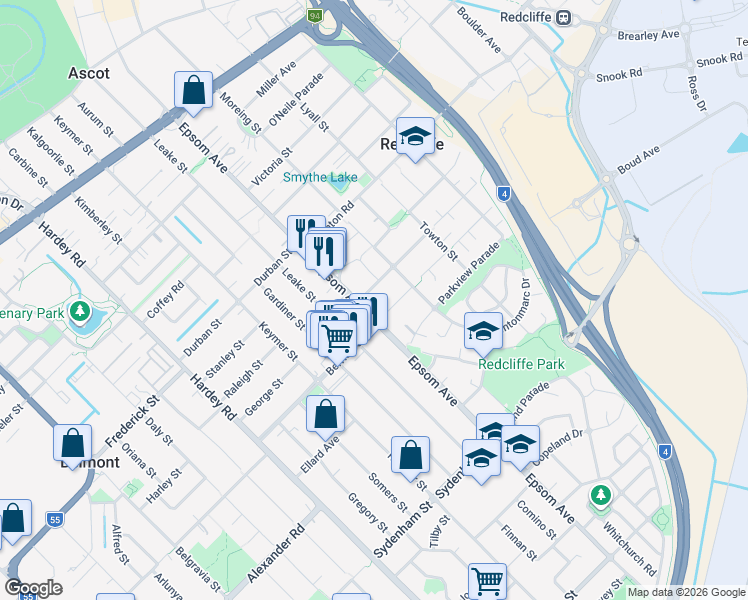 map of restaurants, bars, coffee shops, grocery stores, and more near 4 Johnson Street in Redcliffe