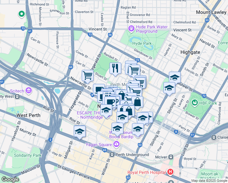 map of restaurants, bars, coffee shops, grocery stores, and more near 5 Church Street in Perth