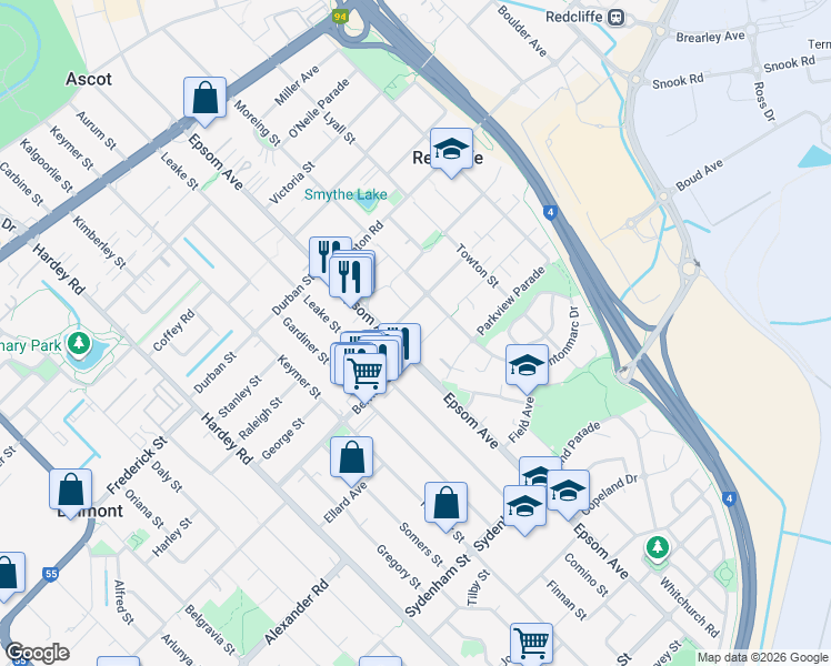 map of restaurants, bars, coffee shops, grocery stores, and more near 5 Butson Place in Redcliffe