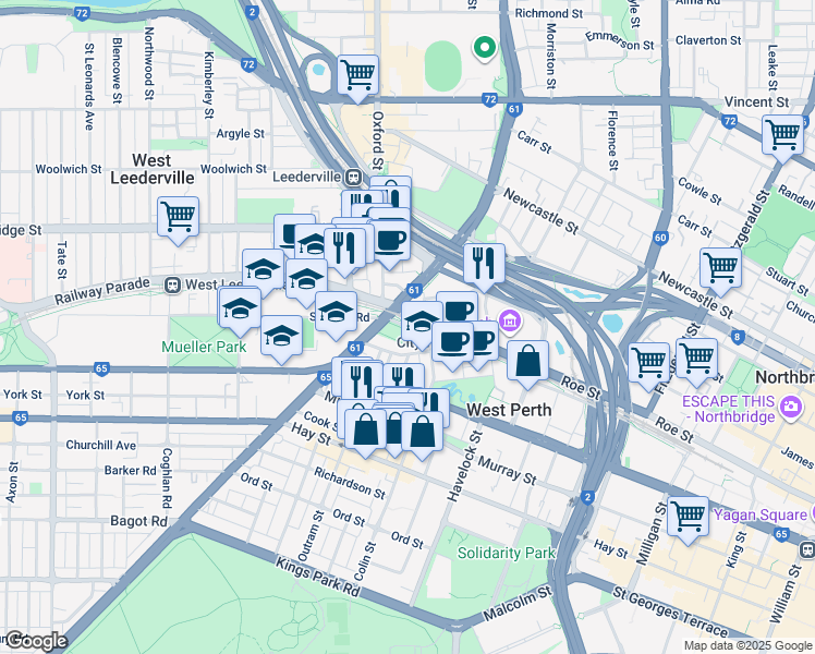 map of restaurants, bars, coffee shops, grocery stores, and more near Arthur Street in West Perth