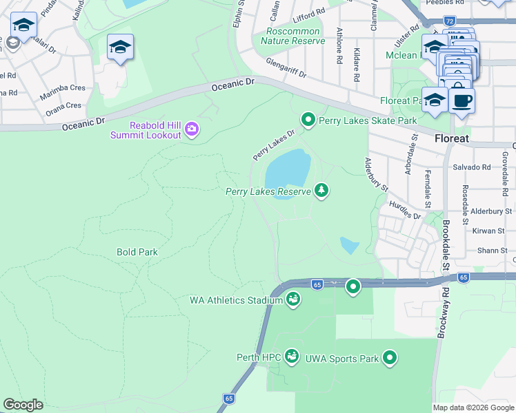 map of restaurants, bars, coffee shops, grocery stores, and more near Perry Lakes Drive in Town of Cambridge