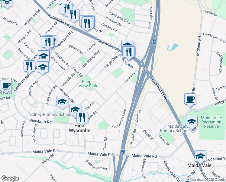 map of restaurants, bars, coffee shops, grocery stores, and more near 56 Edney Road in High Wycombe