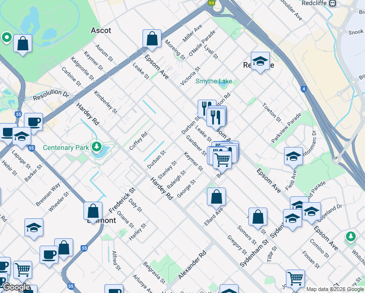 map of restaurants, bars, coffee shops, grocery stores, and more near 105 Keymer Street in Belmont