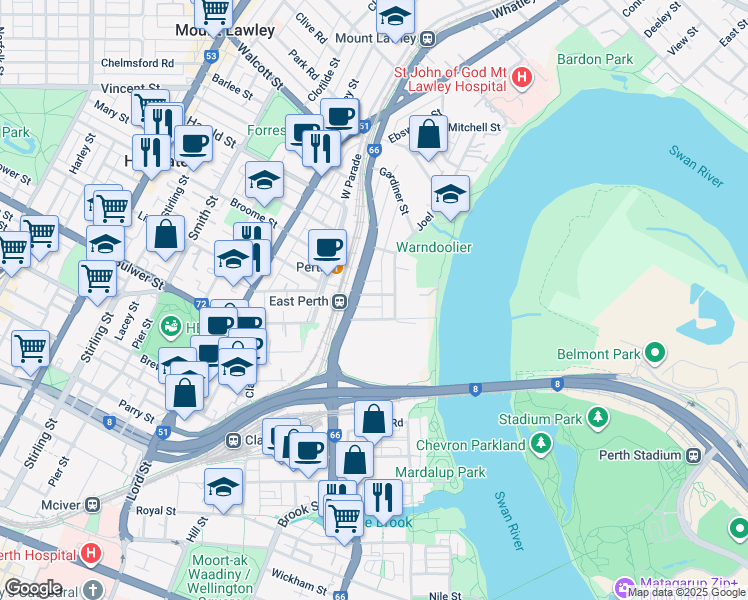 map of restaurants, bars, coffee shops, grocery stores, and more near 5 Bramall Street in East Perth