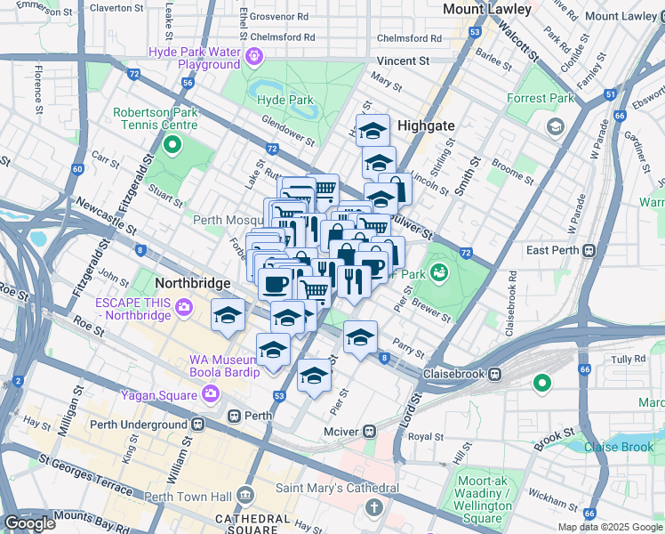 map of restaurants, bars, coffee shops, grocery stores, and more near 66 Lindsay Street in Perth