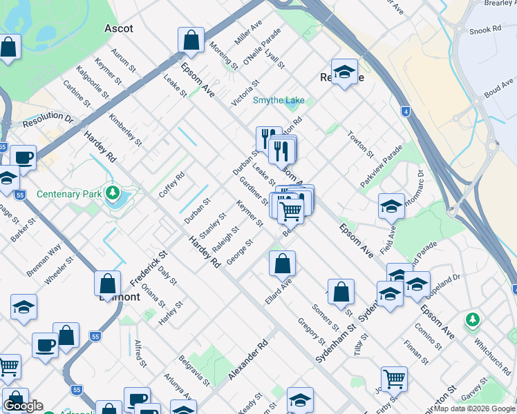 map of restaurants, bars, coffee shops, grocery stores, and more near 32 Gardiner Street in Belmont