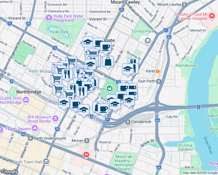 map of restaurants, bars, coffee shops, grocery stores, and more near 310 Pier Street in Perth