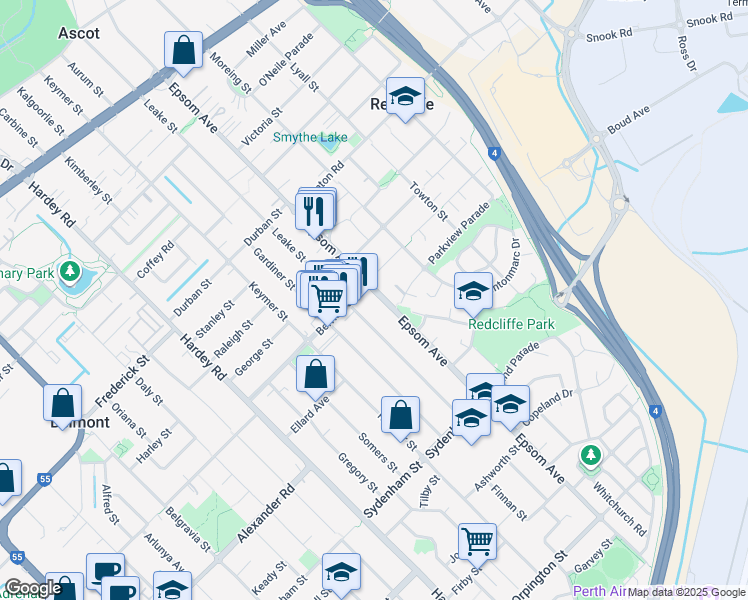 map of restaurants, bars, coffee shops, grocery stores, and more near 180 Epsom Avenue in Belmont