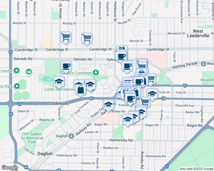 map of restaurants, bars, coffee shops, grocery stores, and more near 12 Atkinson Road in Subiaco